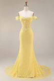 Yellow Off the Shoulder Lace Mermaid Corset Long Prom Dress