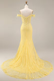 Yellow Off the Shoulder Lace Mermaid Corset Long Prom Dress