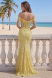 Yellow Off the Shoulder Lace Mermaid Corset Long Prom Dress