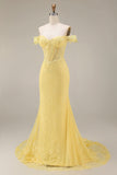 Yellow Off the Shoulder Lace Mermaid Corset Long Prom Dress