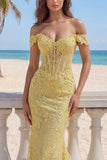 Yellow Off the Shoulder Lace Mermaid Corset Long Prom Dress