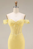 Yellow Off the Shoulder Lace Mermaid Corset Long Prom Dress