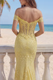 Yellow Off the Shoulder Lace Mermaid Corset Long Prom Dress