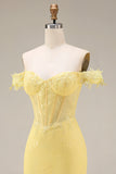 Yellow Off the Shoulder Lace Mermaid Corset Long Prom Dress