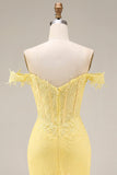 Yellow Off the Shoulder Lace Mermaid Corset Long Prom Dress