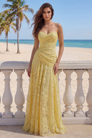 Lace Yellow A-Line Sweetheart Ruched Long Prom Dress