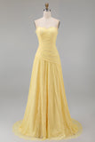 Lace Yellow A-Line Sweetheart Ruched Long Prom Dress
