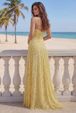Lace Yellow A-Line Sweetheart Ruched Long Prom Dress