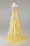 Lace Yellow A-Line Sweetheart Ruched Long Prom Dress