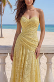 Lace Yellow A-Line Sweetheart Ruched Long Prom Dress