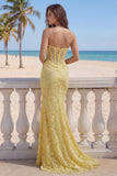 Yellow Sweetheart Lace Mermaid Corset Long Prom Dress with Slit