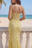 Yellow Sweetheart Lace Mermaid Corset Long Prom Dress with Slit