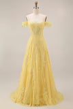 Off the Shoulder Yellow A-Line Lace Corset Long Prom Dress