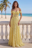 Off the Shoulder Yellow A-Line Lace Corset Long Prom Dress