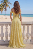 Off the Shoulder Yellow A-Line Lace Corset Long Prom Dress