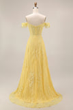 Off the Shoulder Yellow Lace A-Line Corset Long Prom Dress
