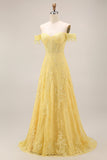 Off the Shoulder Yellow A-Line Lace Corset Long Prom Dress