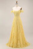 Off the Shoulder Yellow Lace A-Line Corset Long Prom Dress
