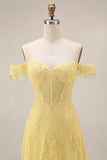 Off the Shoulder Yellow A-Line Lace Corset Long Prom Dress