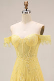 Off the Shoulder Yellow A-Line Lace Corset Long Prom Dress
