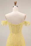 Off the Shoulder Yellow A-Line Lace Corset Long Prom Dress