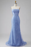 Blue Strapless Basque Waist Corset Mermaid Long Prom Dress with Pearls