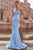 Blue Strapless Basque Waist Corset Mermaid Long Prom Dress with Pearls