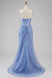 Blue Strapless Basque Waist Corset Mermaid Long Prom Dress with Pearls