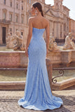 Blue Strapless Basque Waist Corset Mermaid Long Prom Dress with Pearls