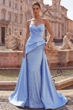 Strapless Blue Ruched Mermaid Pearls Long Prom Dress