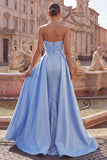 Strapless Blue Ruched Mermaid Pearls Long Prom Dress