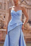Strapless Blue Ruched Mermaid Pearls Long Prom Dress