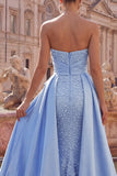 Strapless Blue Ruched Mermaid Pearls Long Prom Dress