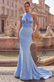 Mermaid Blue Halter Cut Out Open Back Long Prom Dress with Pearls
