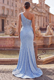 Blue Mermaid One Shoulder Pearls Long Prom Dress with Slit
