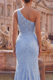 Blue Mermaid One Shoulder Pearls Long Prom Dress with Slit