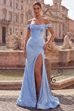 Blue Off The Shoulder Basque Waist Corset Mermaid Long Prom Dress with Slit