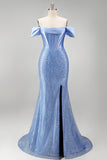 Blue Off The Shoulder Basque Waist Corset Mermaid Long Prom Dress with Slit