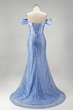 Blue Off The Shoulder Basque Waist Corset Mermaid Long Prom Dress with Slit