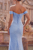 Blue Off The Shoulder Basque Waist Corset Mermaid Long Prom Dress with Slit