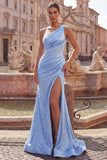 One Shoulder Blue Ruched Pearls Mermaid Long Prom Dress with Slit