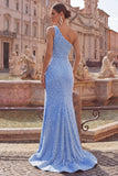 One Shoulder Blue Ruched Pearls Mermaid Long Prom Dress with Slit