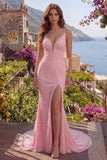 Pink Mermaid Pearls Spaghetti Straps Backless Long Prom Dress with Slit