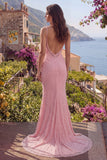 Pink Mermaid Pearls Spaghetti Straps Backless Long Prom Dress with Slit
