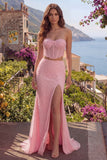 Pink 2 Piece Sweetheart Mermaid Corset Long Prom Dress with Slit