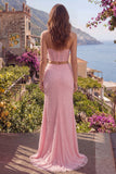 Pink 2 Piece Sweetheart Mermaid Corset Long Prom Dress with Slit