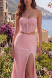 Pink 2 Piece Sweetheart Mermaid Corset Long Prom Dress with Slit