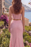 Pink 2 Piece Sweetheart Mermaid Corset Long Prom Dress with Slit