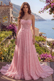 Strapless A Line Pink Corset Long Prom Dress with 3D Flowers