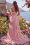 Strapless A Line Pink Corset Long Prom Dress with 3D Flowers